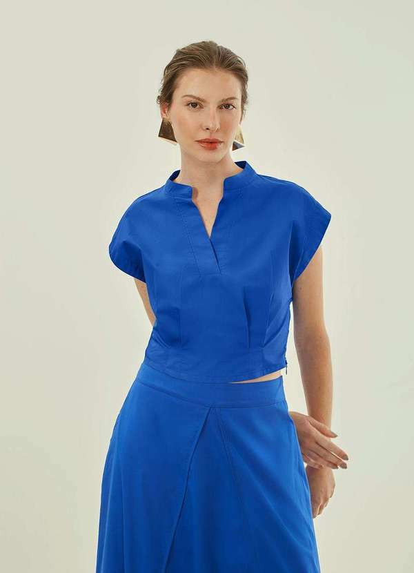 Maria.valentina - Blusa Maria.Valentina Ajustada Decote V Manga Curta Cropped Azul Azul