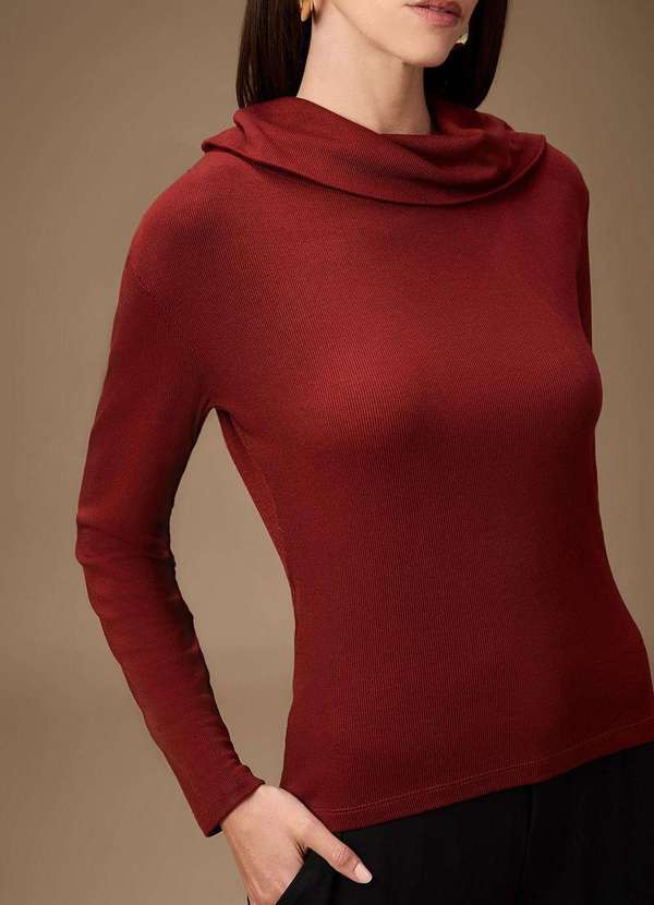 Maria.valentina - Blusa Maria.Valentina Ajustada Gola Alta Manga Longa Padrão Marro Marrom