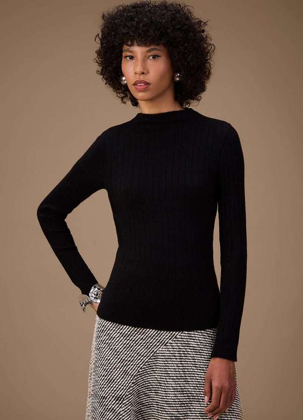 Maria.valentina - Blusa Maria.Valentina Ajustada Gola Alta Manga Longa Padrão Preto Preto 2