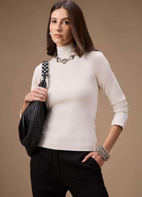 Maria.valentina - Blusa Maria.Valentina Ajustada Gola Alta Manga Longa Padrão Off W Branco