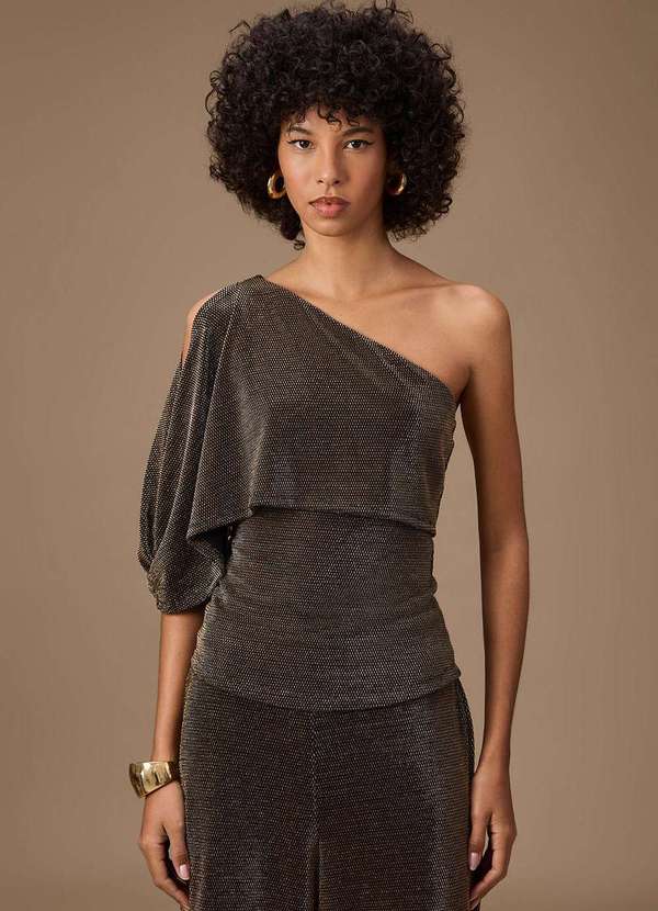 Maria.valentina - Blusa Maria.Valentina Ajustada um Ombro Só Manga Curta Padrão Dou Dourado 2