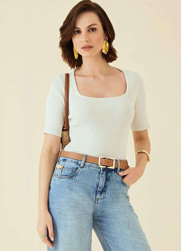 Maria.valentina - Blusa Maria.Valentina Decote Quadrado Manga Curta Tricot Bege Bege