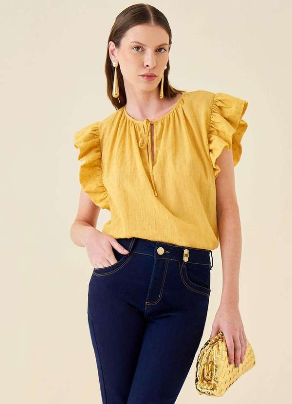 Maria.valentina - Blusa Maria.Valentina Decote Redondo Manga Babado com Amarração a Amarelo