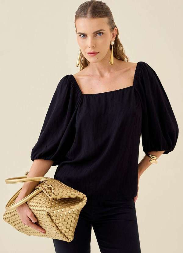 Maria.valentina - Blusa Maria.Valentina Decote Redondo Manga 3/4 com Elástico Preto Preto