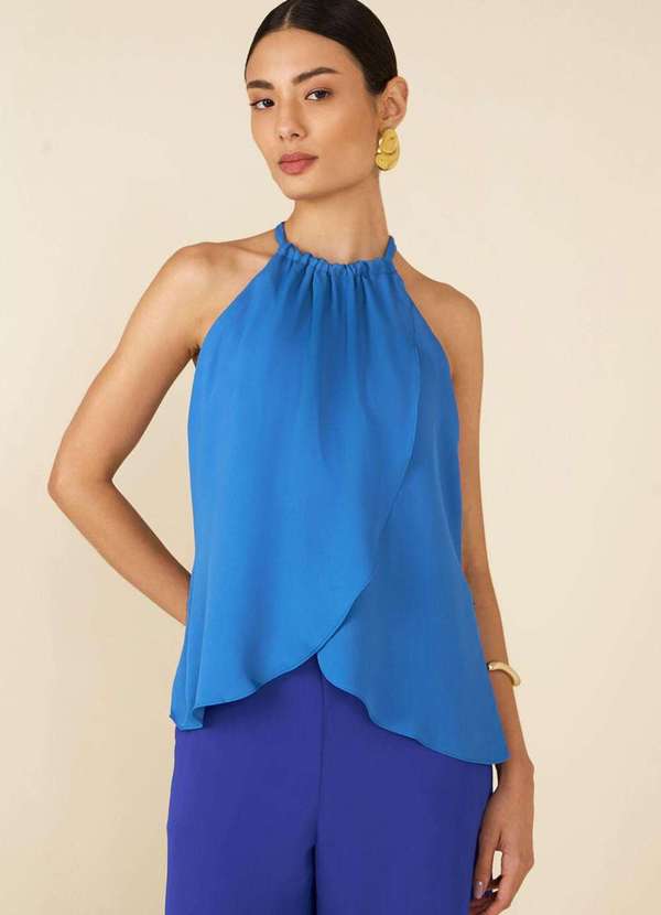 Maria.valentina - Blusa Maria.Valentina Decote Reto Cava Francesa com Amarração Azu Azul