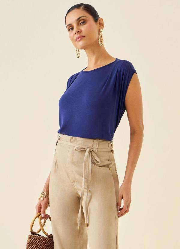 Maria.valentina - Blusa Maria.Valentina Decote Reto Cavada com Pregas Azul Marinho Azul