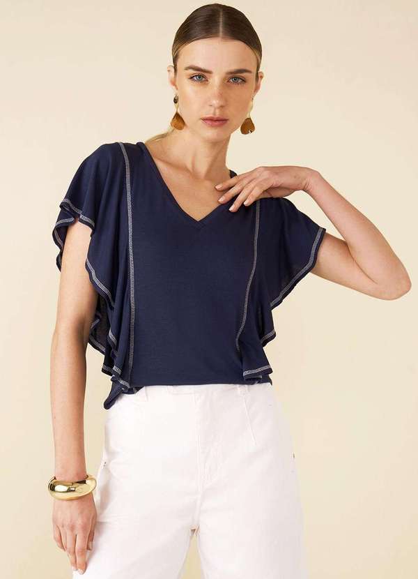 Maria.valentina - Blusa Maria.Valentina Decote V Cavada Detalhe Pesponto Azul Marin Azul