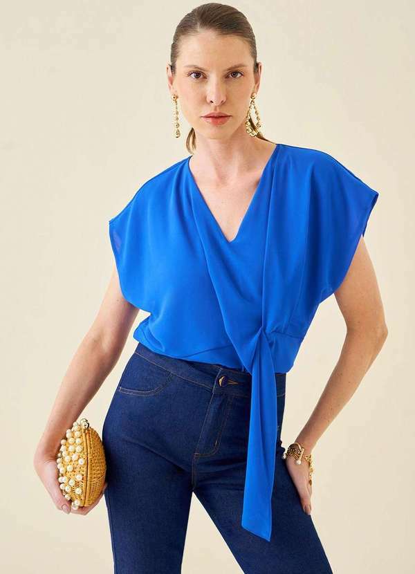 Maria.valentina - Blusa Maria.Valentina Decote V Cavada Amarração Frente Azul Azul