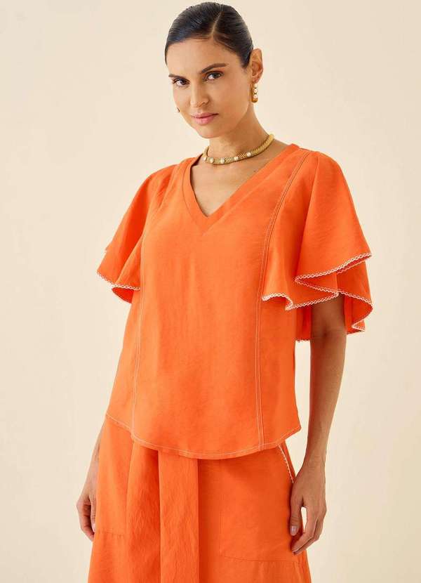Maria.valentina - Blusa Maria.Valentina Decote V Manga Curta Detalhe Pesponto Laran Laranja