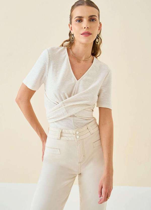 Maria.valentina - Blusa Maria.Valentina Decote V Manga Curta com Amarração Cru Nude