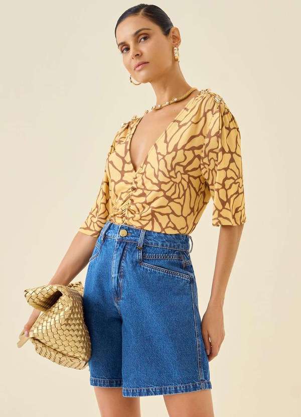 Maria.valentina - Blusa Maria.Valentina Decote V Manga Curta com Franzido Amarelo Amarelo