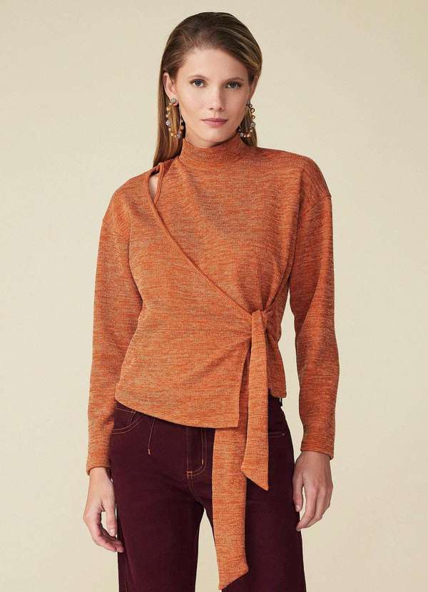 Maria.valentina - Blusa Maria.Valentina Justa Gola Alta Manga Longa Abertura Frente Laranja