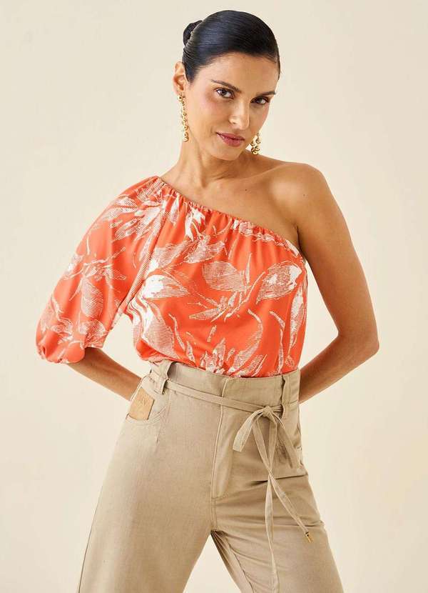 Maria.valentina - Blusa Maria.Valentina Ombro Só Manga Raglan 7/8 Estampada Laranja Laranja