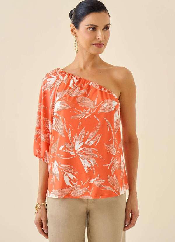 Maria.valentina - Blusa Maria.Valentina Ombro Só Manga Raglan 7/8 Estampada Laranja Laranja 2