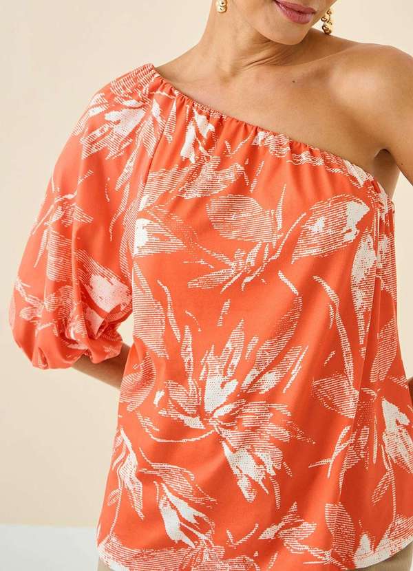 Maria.valentina - Blusa Maria.Valentina Ombro Só Manga Raglan 7/8 Estampada Laranja Laranja 3