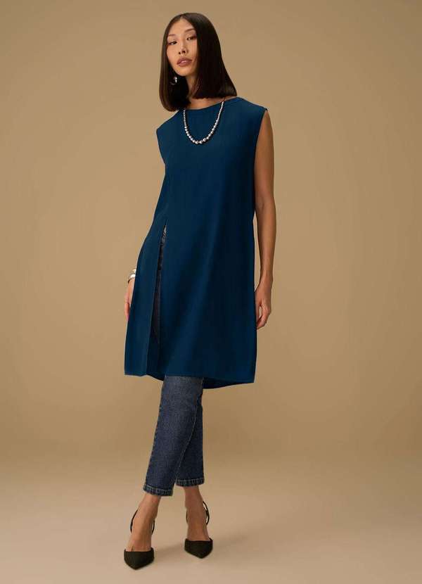 Maria.valentina - Blusa Maria.Valentina Solta Decote Careca Manga Curta Alongada Az Azul