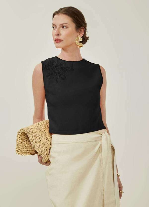 Maria.valentina - Blusa Maria.Valentina Solta Decote Careca Manga Curta Cropped Pre Preto