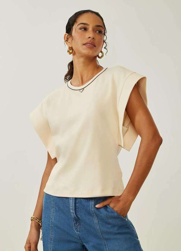 Maria.valentina - Blusa Maria.Valentina Solta Decote Careca Manga Curta Padrão Bege Bege