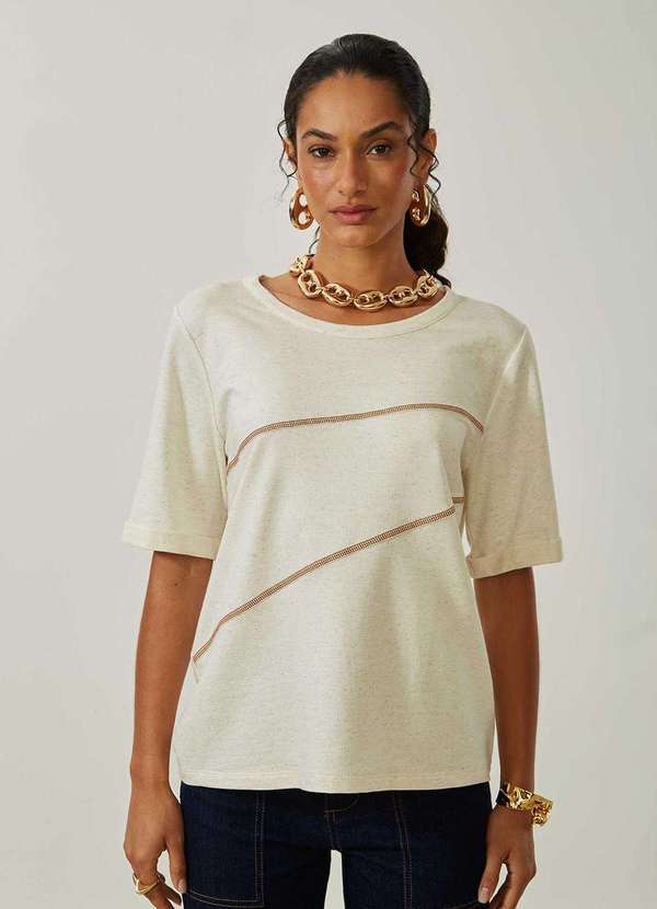 Maria.valentina - Blusa Maria.Valentina Solta Decote Careca Manga Curta Padrão Bege Bege 3