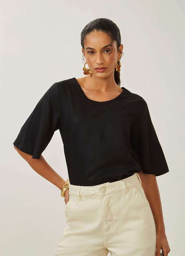 Maria.valentina - Blusa Maria.Valentina Solta Decote Careca Manga Curta Padrão Pret Preto