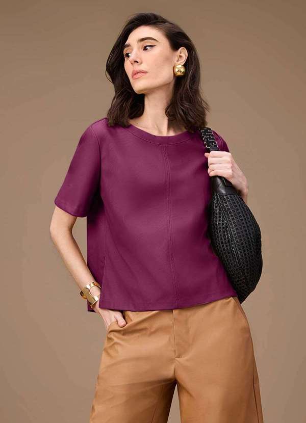 Maria.valentina - Blusa Maria.Valentina Solta Decote Careca Manga Curta Padrão Roxo Roxo