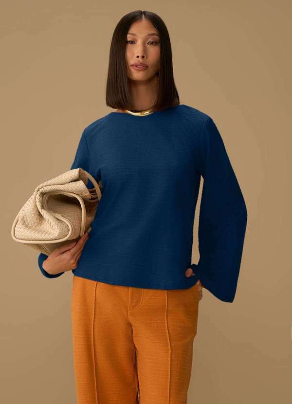 Maria.valentina - Blusa Maria.Valentina Solta Decote Careca Manga Longa Alongada Az Azul
