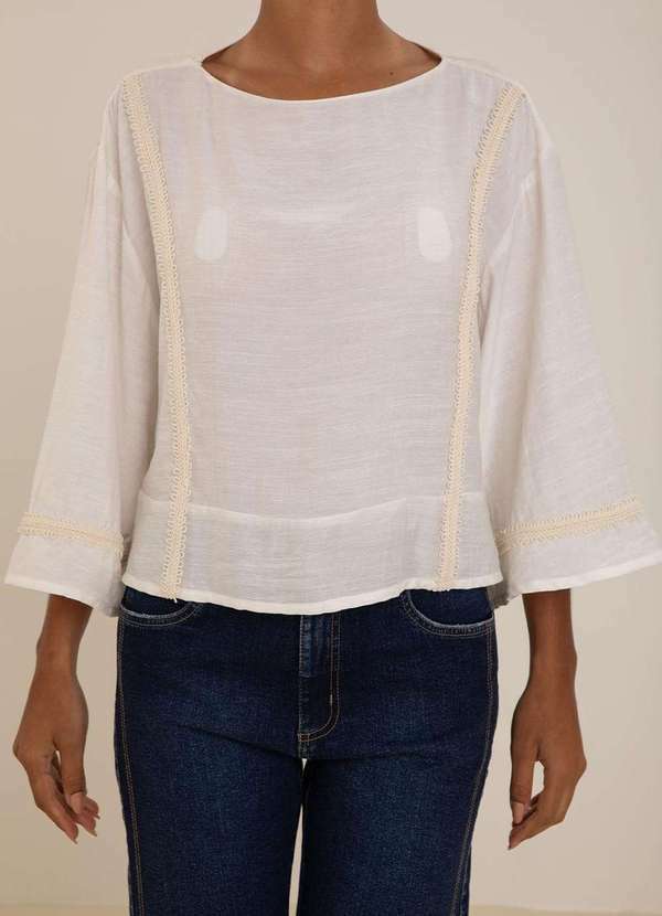 Maria.valentina - Blusa Maria.Valentina Solta Decote Careca Manga Longa Cropped Off Branco