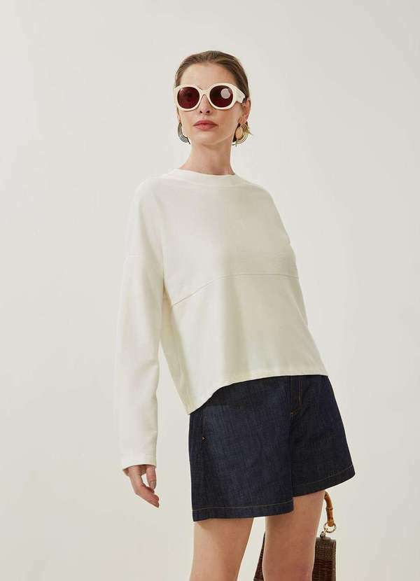 Maria.valentina - Blusa Maria.Valentina Solta Decote Careca Manga Longa Padrão Off Branco