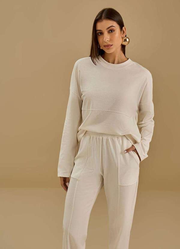 Maria.valentina - Blusa Maria.Valentina Solta Decote Careca Manga Longa Padrão Off Branco