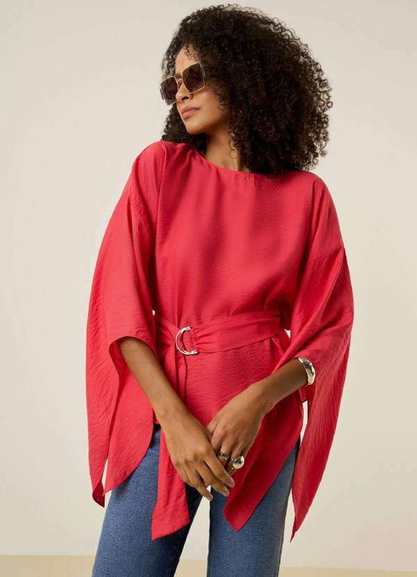 Maria.valentina - Blusa Maria.Valentina Solta Decote Careca Manga Longa Padrão Verm Vermelho