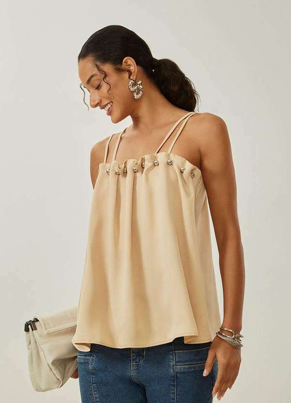 Maria.valentina - Blusa Maria.Valentina Solta Decote Reto Manga Curta Padrão Bege Bege