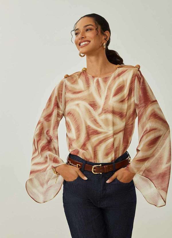 Maria.valentina - Blusa Maria.Valentina Solta Decote Reto Manga Longa Padrão Marrom Marrom
