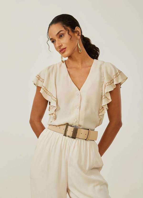 Maria.valentina - Blusa Maria.Valentina Solta Decote V Manga Curta Padrão Bege Bege