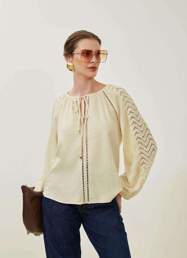 Maria.valentina - Blusa Maria.Valentina Solta Decote V Manga Longa Padrão Bege Bege