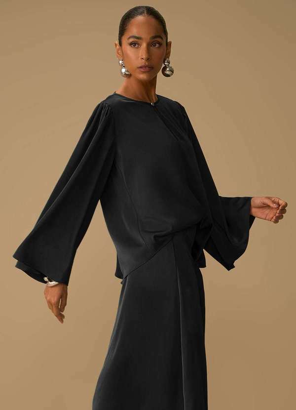 Maria.valentina - Blusa Maria.Valentina Solta Decote V Manga Longa Padrão Preto Preto