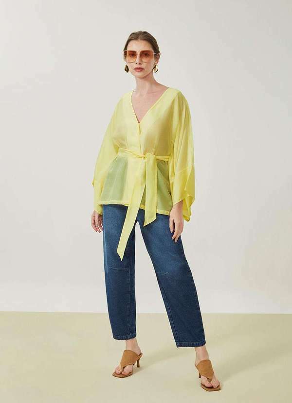 Maria.valentina - Blusa Maria.Valentina Solta Decote V Manga Longa Padrão Verde Verde