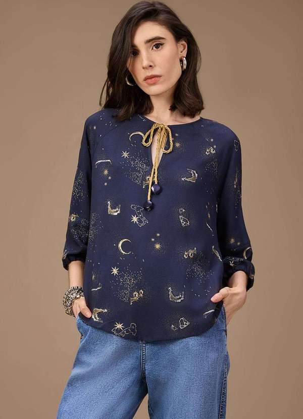 Maria.valentina - Blusa Maria.Valentina Solta Decote V Manga 7 Oitavos Padrão Azul Azul