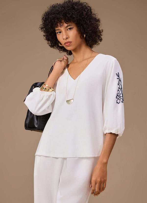 Maria.valentina - Blusa Maria.Valentina Solta Decote V Manga 7 Oitavos Padrão Off W Branco