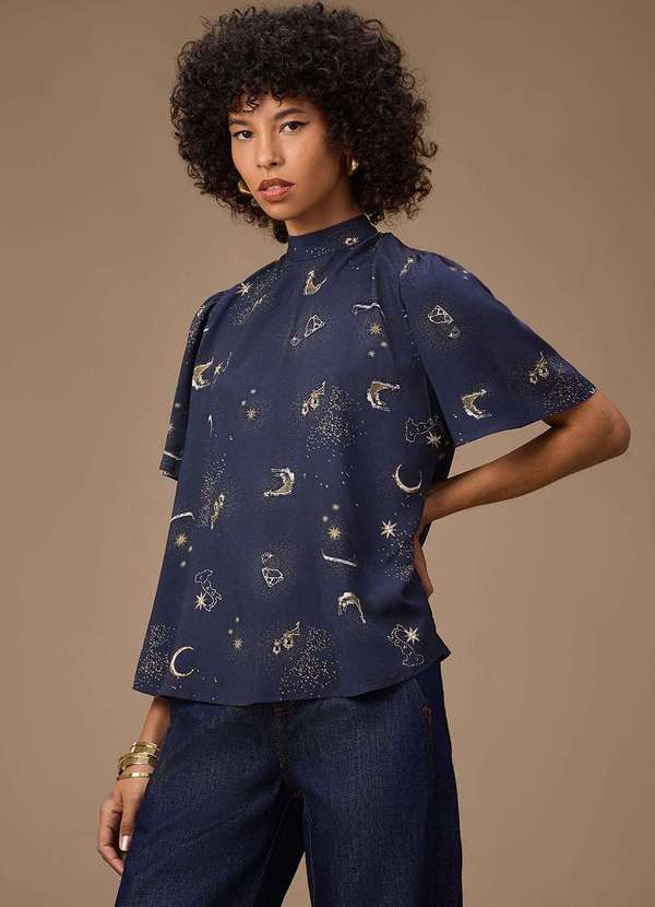 Maria.valentina - Blusa Maria.Valentina Solta Decote Careca Manga Curta Padrão Azul Azul