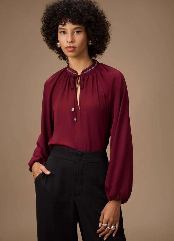 Maria.valentina - Blusa Maria.Valentina Solta Decote Careca Manga Longa Padrão Bord Vermelho