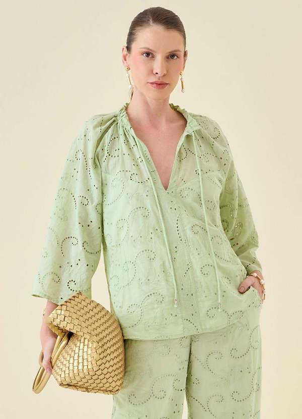Maria.valentina - Blusa Maria.Valentina Solta Decote V Manga 7 Oitavos Padrão Verde Verde