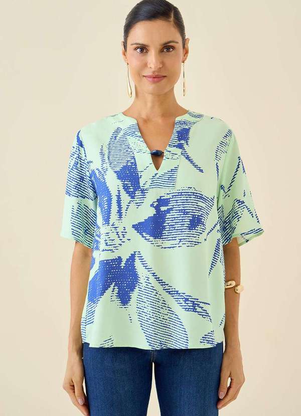 Maria.valentina - Blusa Maria.Valentina Solta Decote V Manga Curta Padrão Azul Mari Azul 2