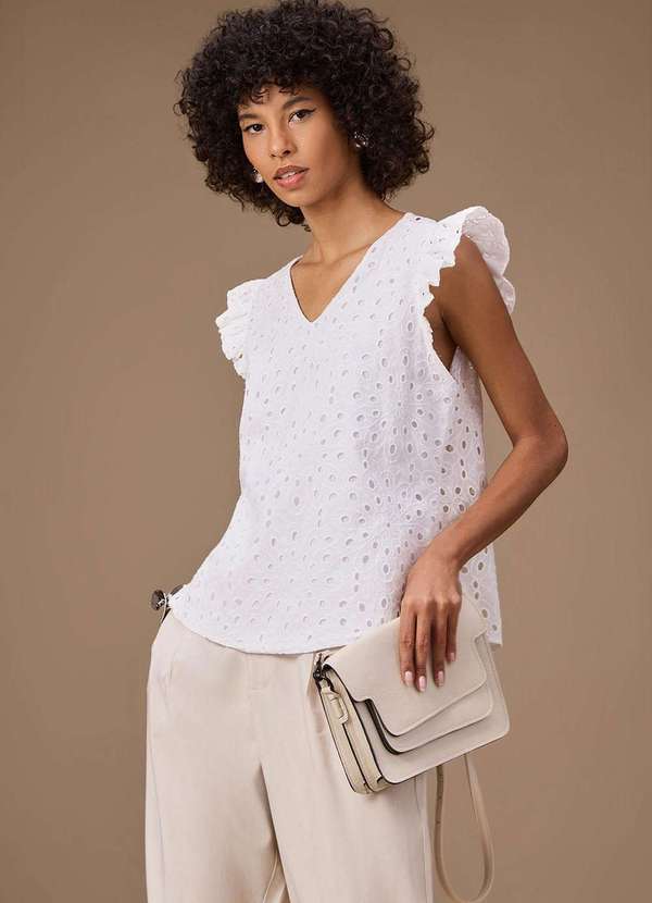 Maria.valentina - Blusa Maria.Valentina Solta Decote V Manga Curta Padrão Branco Branco