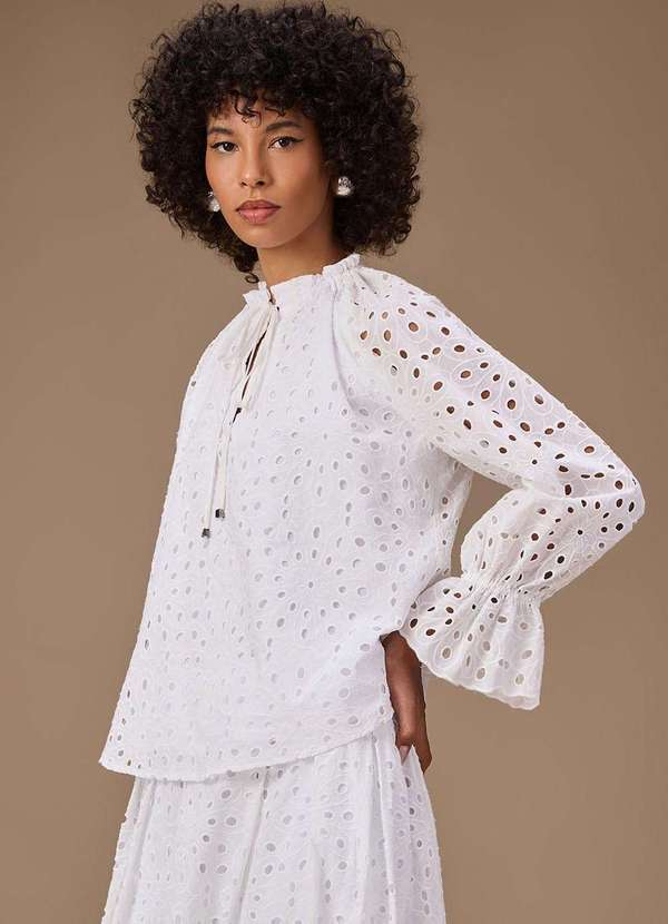 Maria.valentina - Blusa Maria.Valentina Solta Decote V Manga Longa Padrão Branco Branco