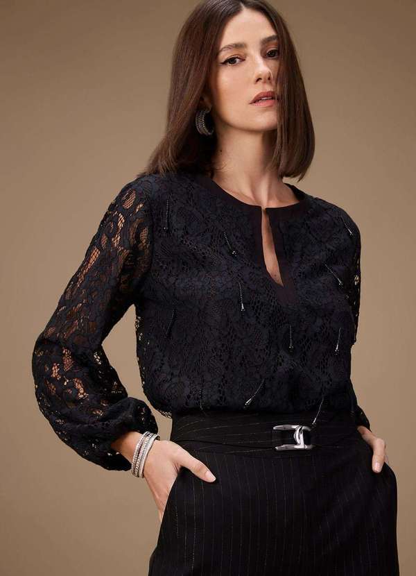 Maria.valentina - Blusa Maria.Valentina Solta Decote V Manga Longa Padrão Preto Preto