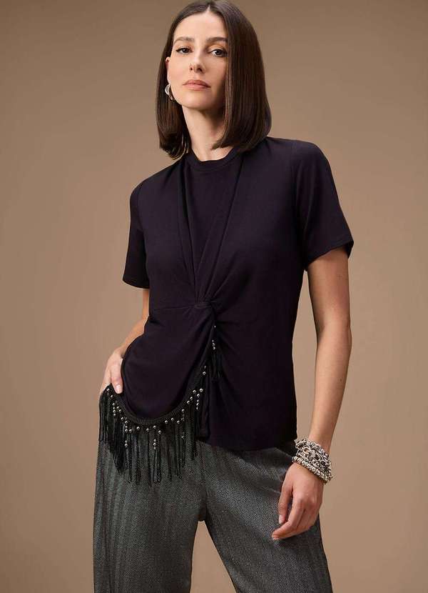 Maria.valentina - Blusa Maria.Valentina Solta Decote Careca Manga Curta Padrão Pret Preto