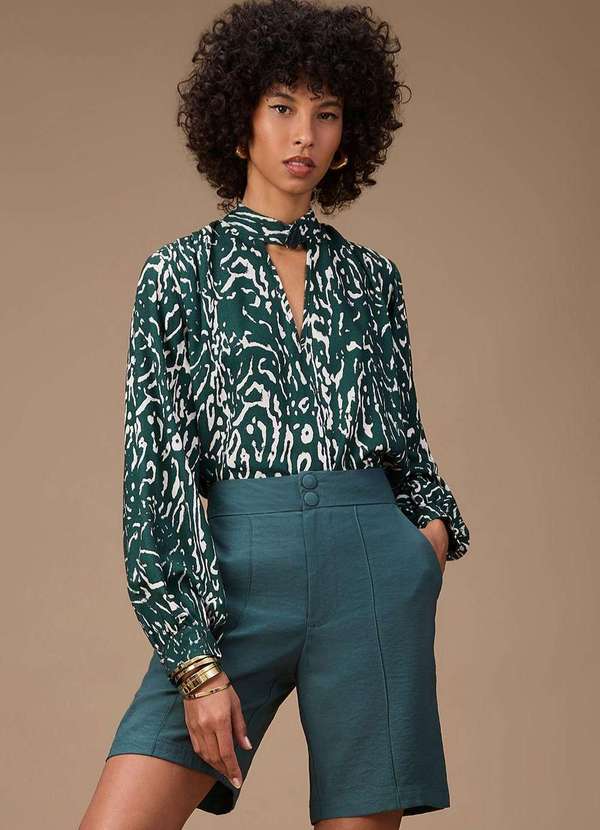 Maria.valentina - Blusa Maria.Valentina Solta Decote V Manga Longa Padrão Verde Verde