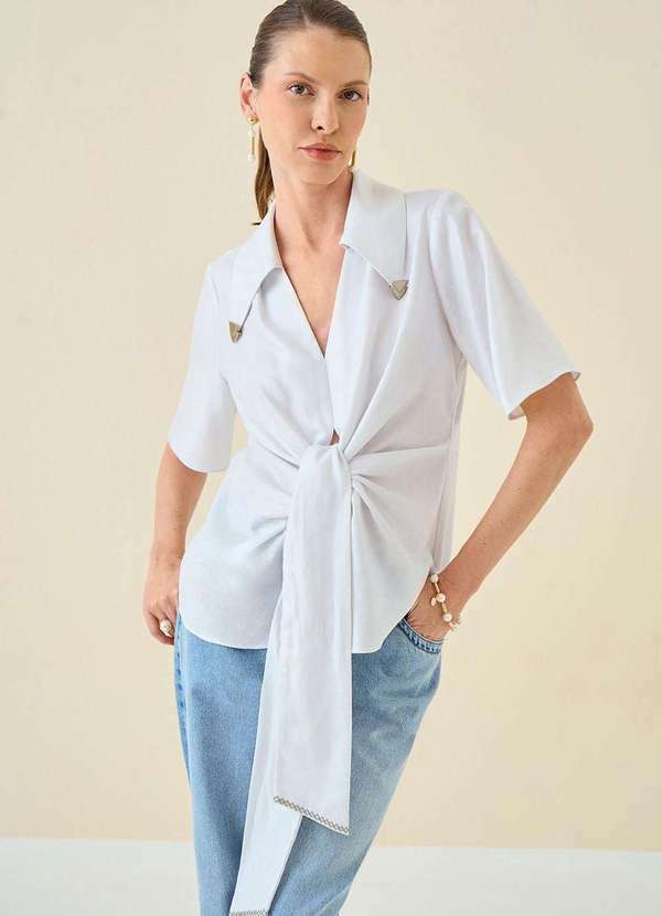 Maria.valentina - Blusa Maria.Valentina Solta Decote V Manga Curta Padrão Off White Branco