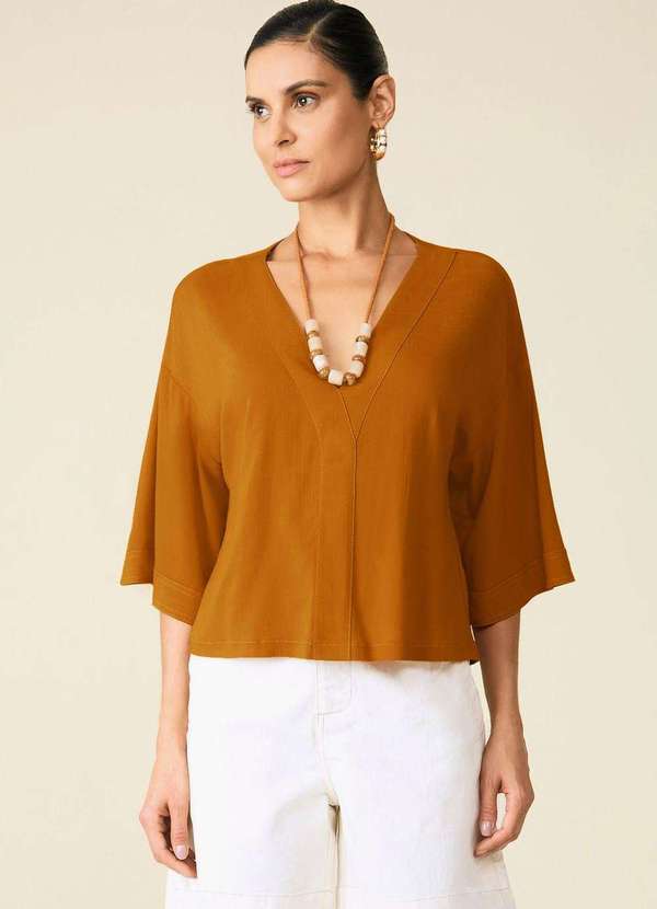 Maria.valentina - Blusa Maria.Valentina Solta Decote V Manga Curta Padrão Marrom Marrom 2