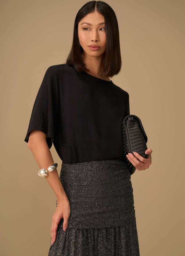 Maria.valentina - Blusa Maria.Valentina Solta Decote Careca Manga Curta Padrão Pret Preto